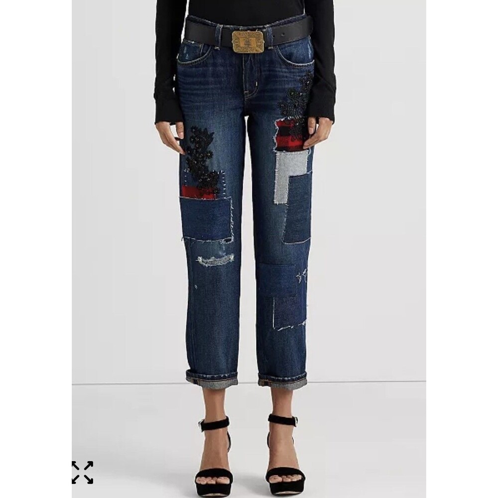 Lauren Ralph Lauren Women's Patchwork Lite Barrel Taper Jeans Sz 6 Festival Boho